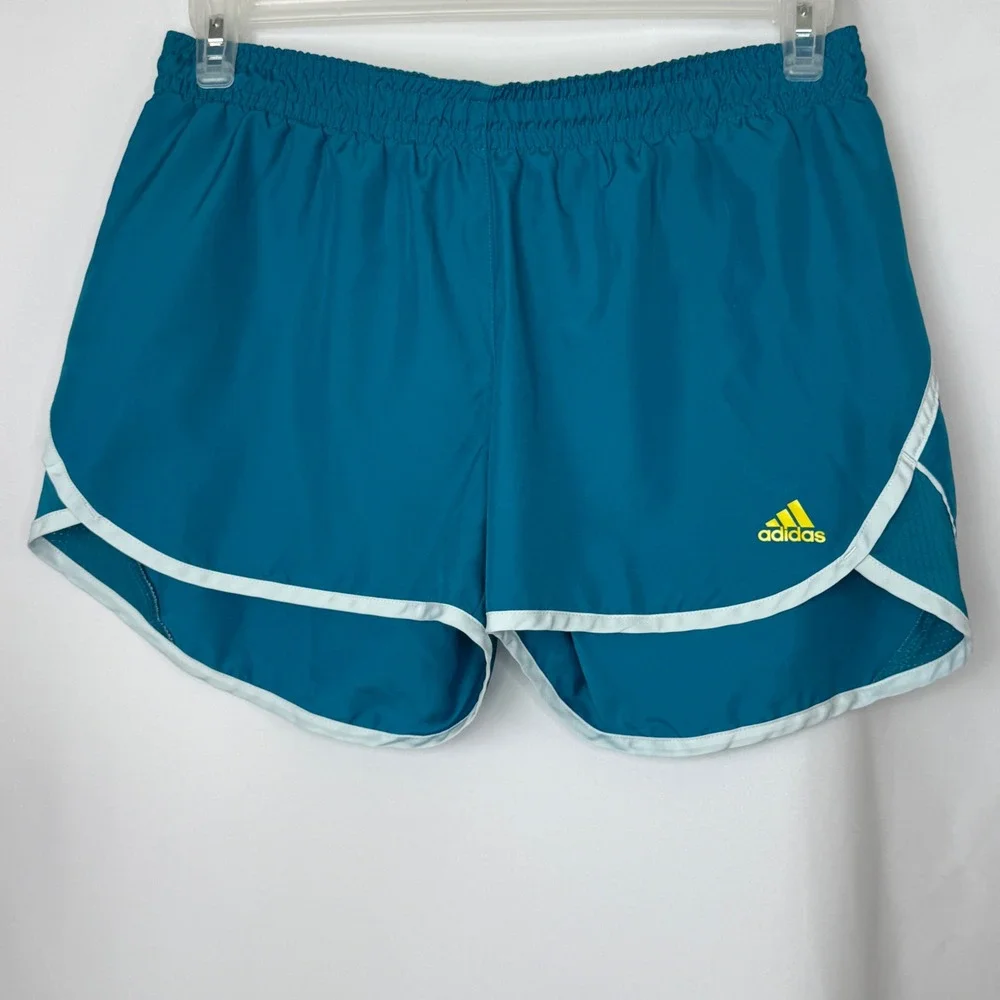 Adidas Womens Running Shorts Teal Blue White Trim Yellow Logo Size Medium